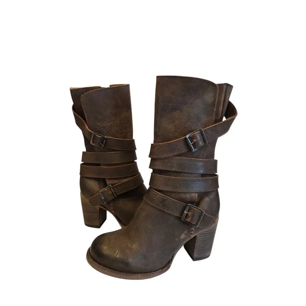 Freebird BARKER Mid-calf Brown Leather Boots, Buckle Details Side Zip, Boho | 9 - Picture 2 of 16